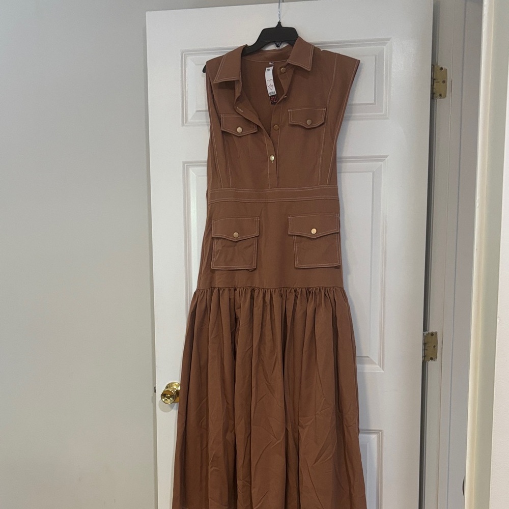 Brown Sleeveless Utility Maxi Dress